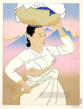 Asian Painting - la blanchisseuse coree 1955 Paul Jacoulet Asian
